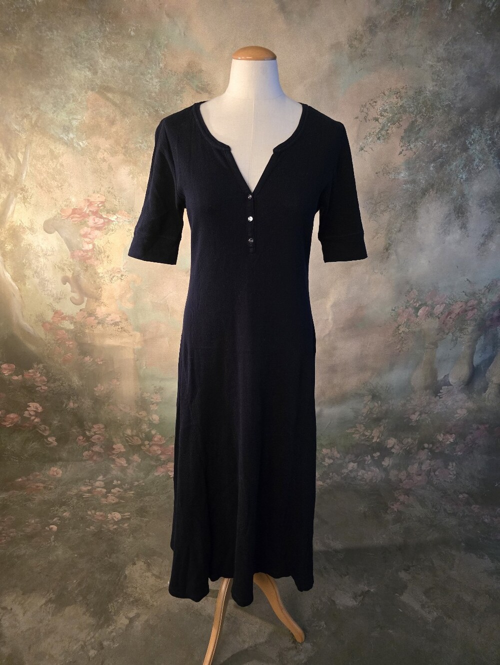 Lauren Ralph Lauren Waffle Knit Cotton Henley Dress Navy  L